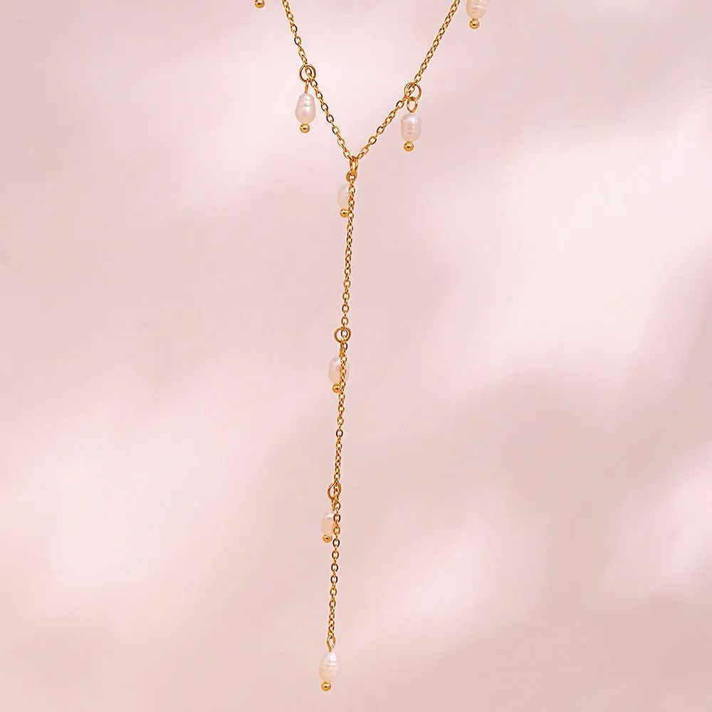 Dainty Freshwater Pearl Lariat Necklace - Gold