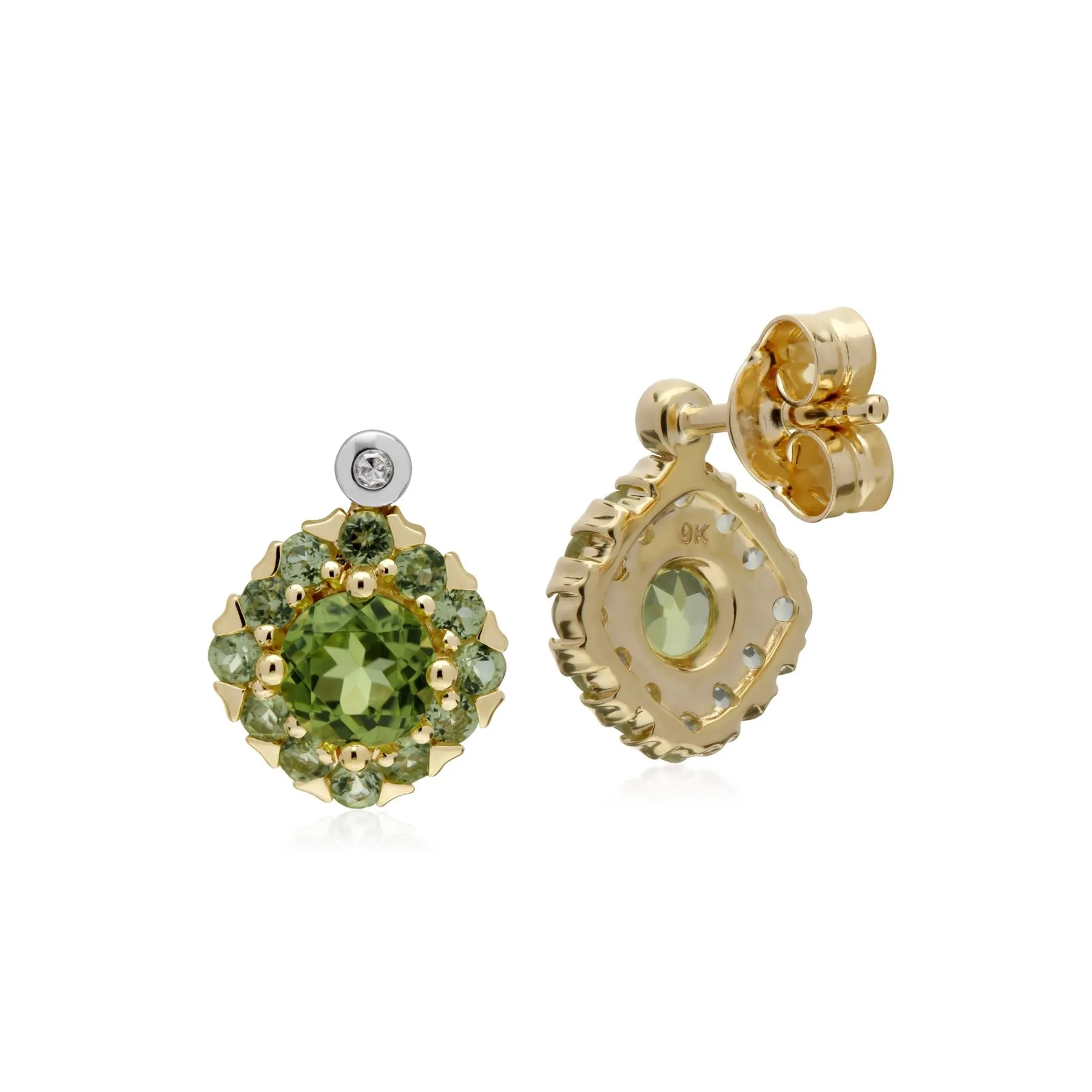 Damen 9 Karat Gelbgold Rund Peridot & Diamant Quadrat Cluster Ohrstecker