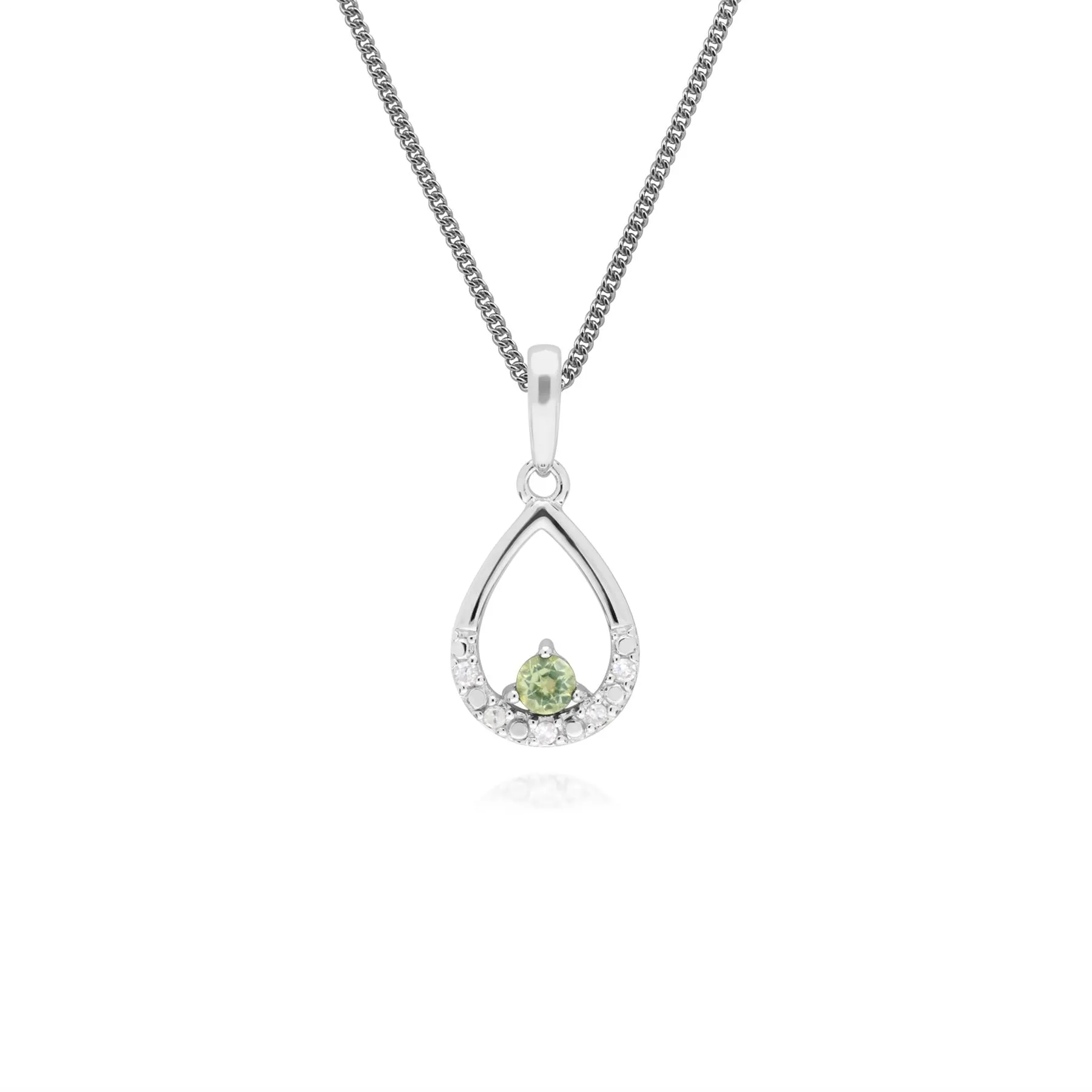 Damen 9 Karat Weiss Gold Einzeln Peridot & Diamant Birne-Anhänger an 45cm Kette