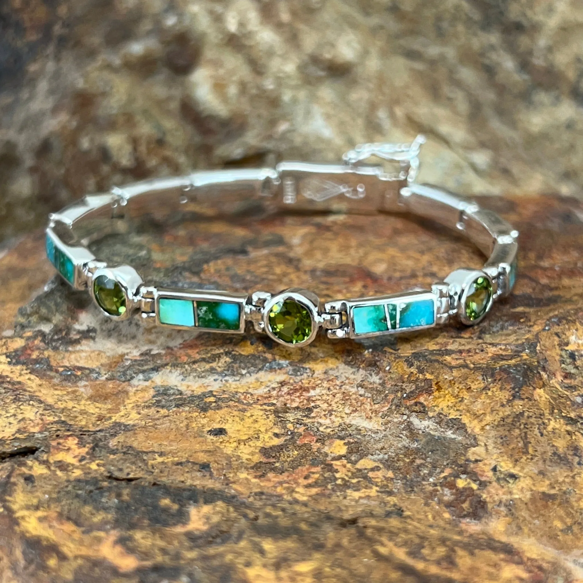 David Rosales Sonoran Gold Turquoise Inlaid Sterling Silver Link Bracelet w/ Peridot