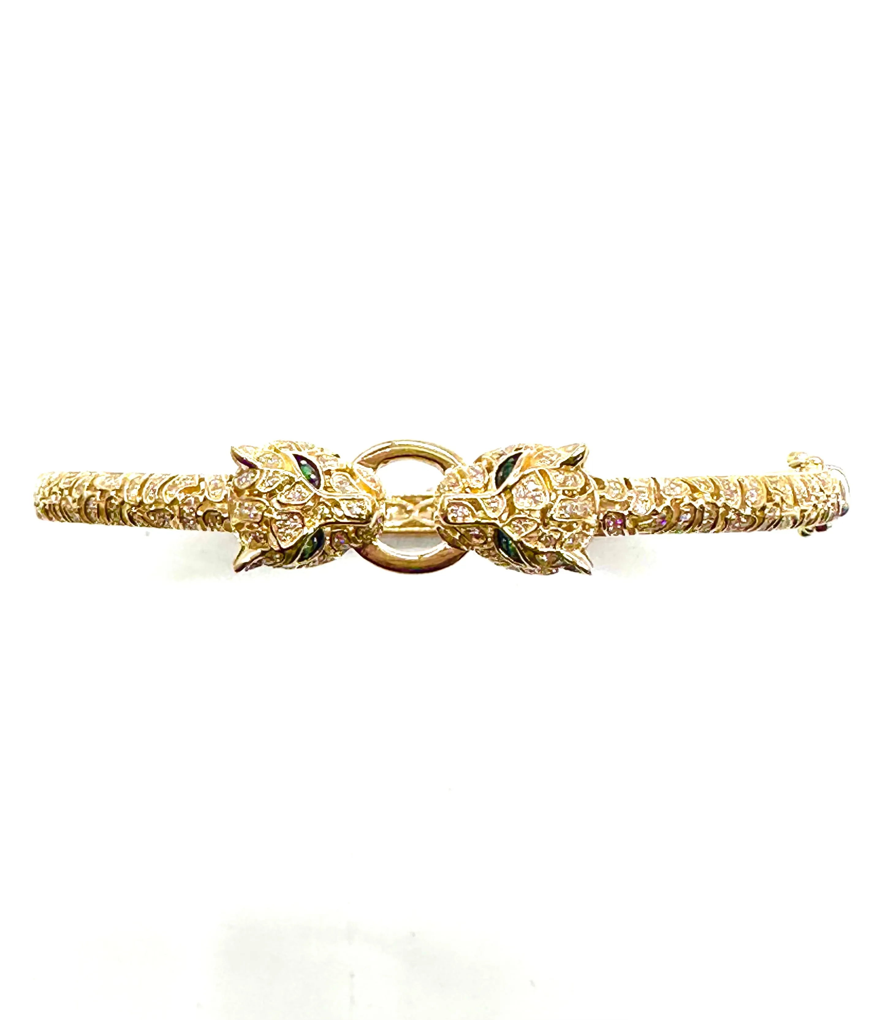 Diamond and emerald double panther bangle bracelet