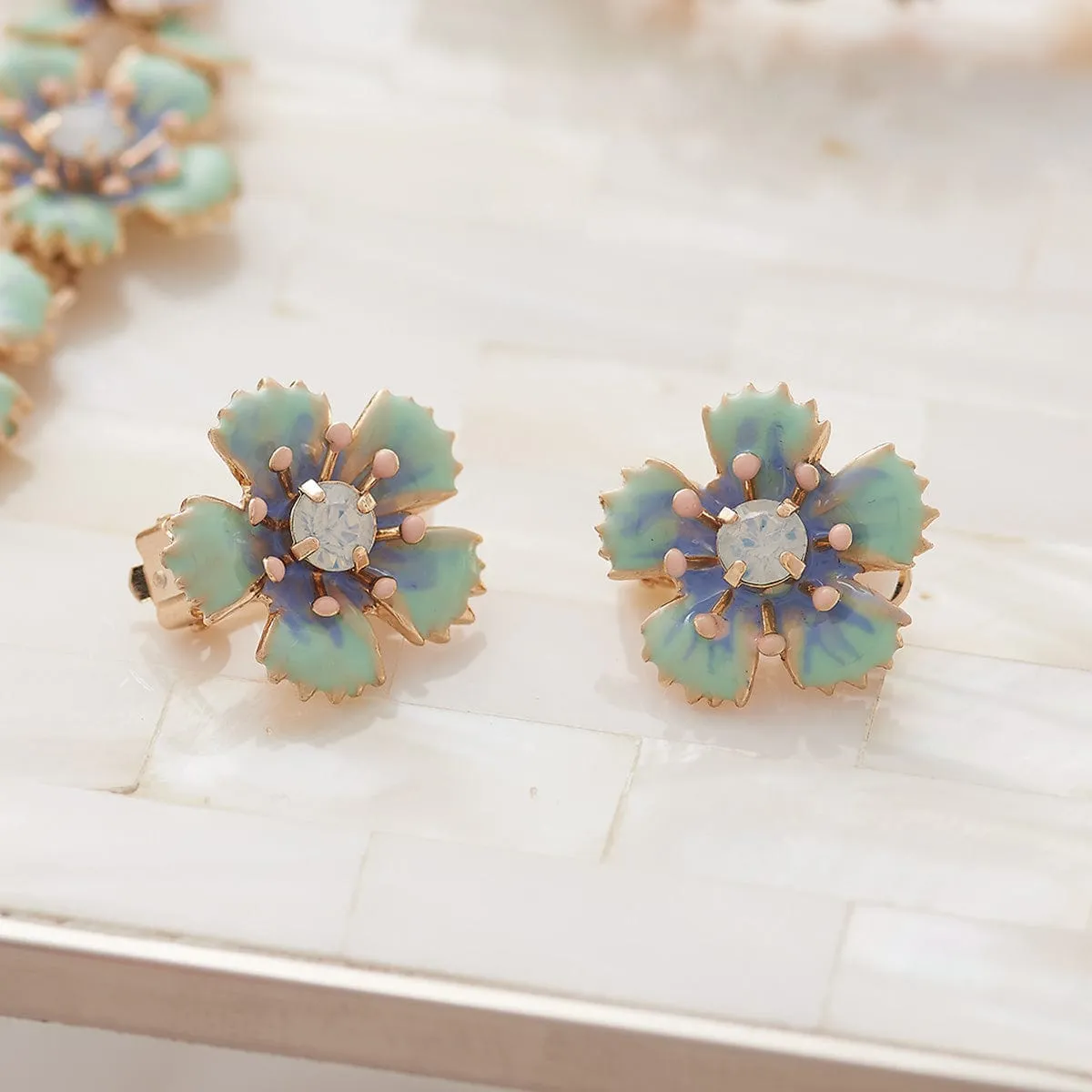 Ditsy Flower Clip-On Earrings Light Blue