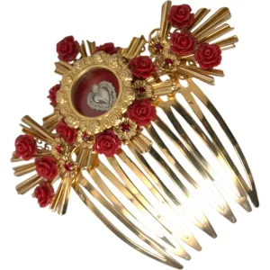 Dolce & Gabbana Gold Brass Crystal Heart Floral Hair Comb