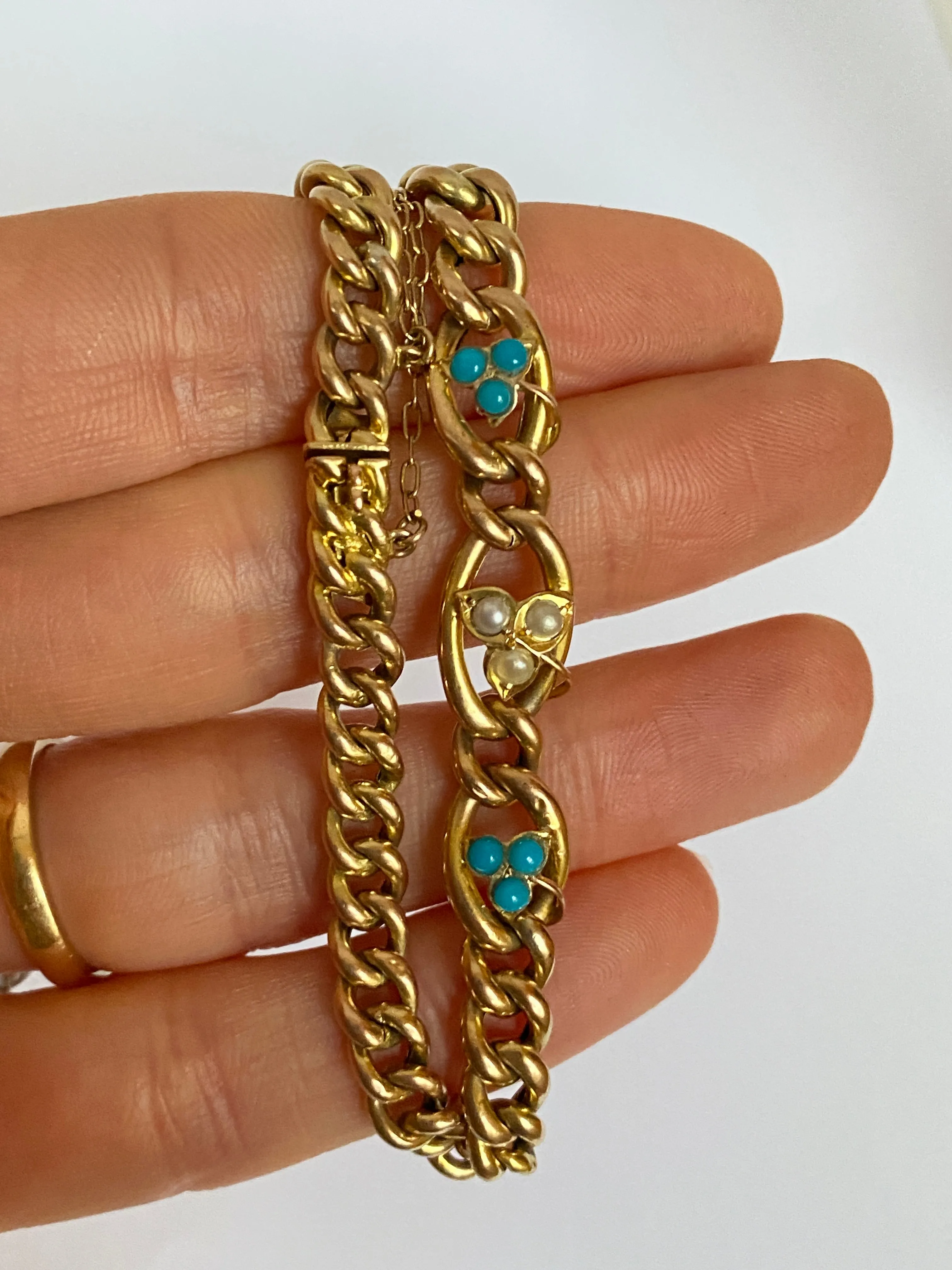 Edwardian, 9ct Gold Curb Chain Bracelet with Turquoise and Seed Pearl flowers.