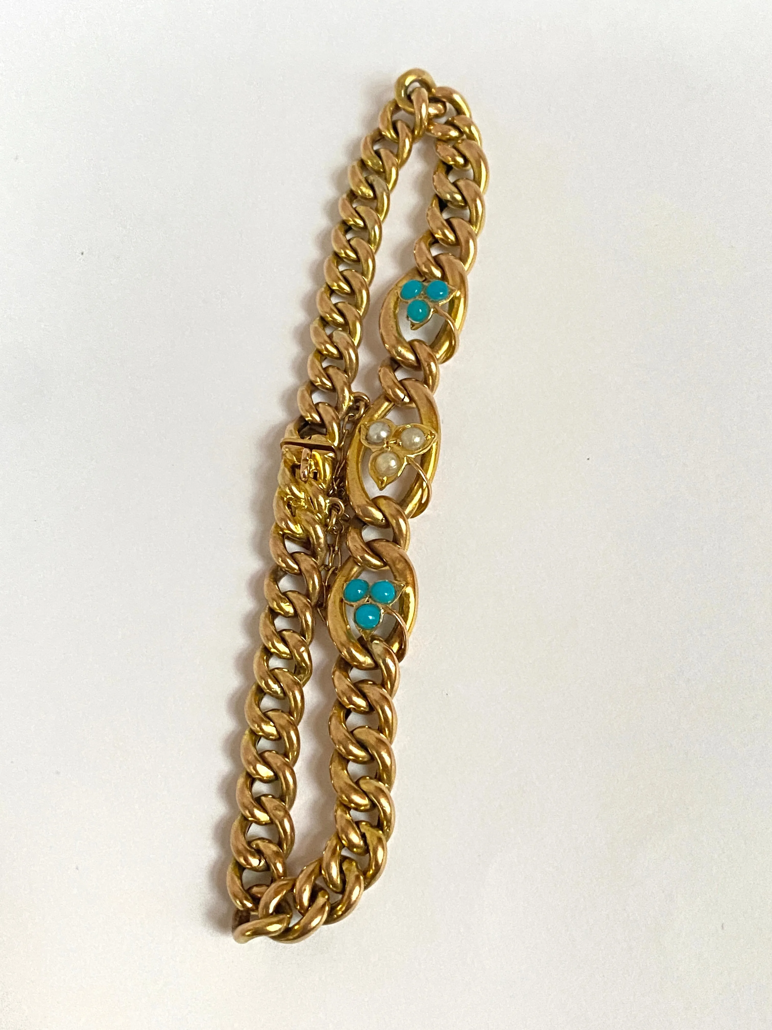 Edwardian, 9ct Gold Curb Chain Bracelet with Turquoise and Seed Pearl flowers.