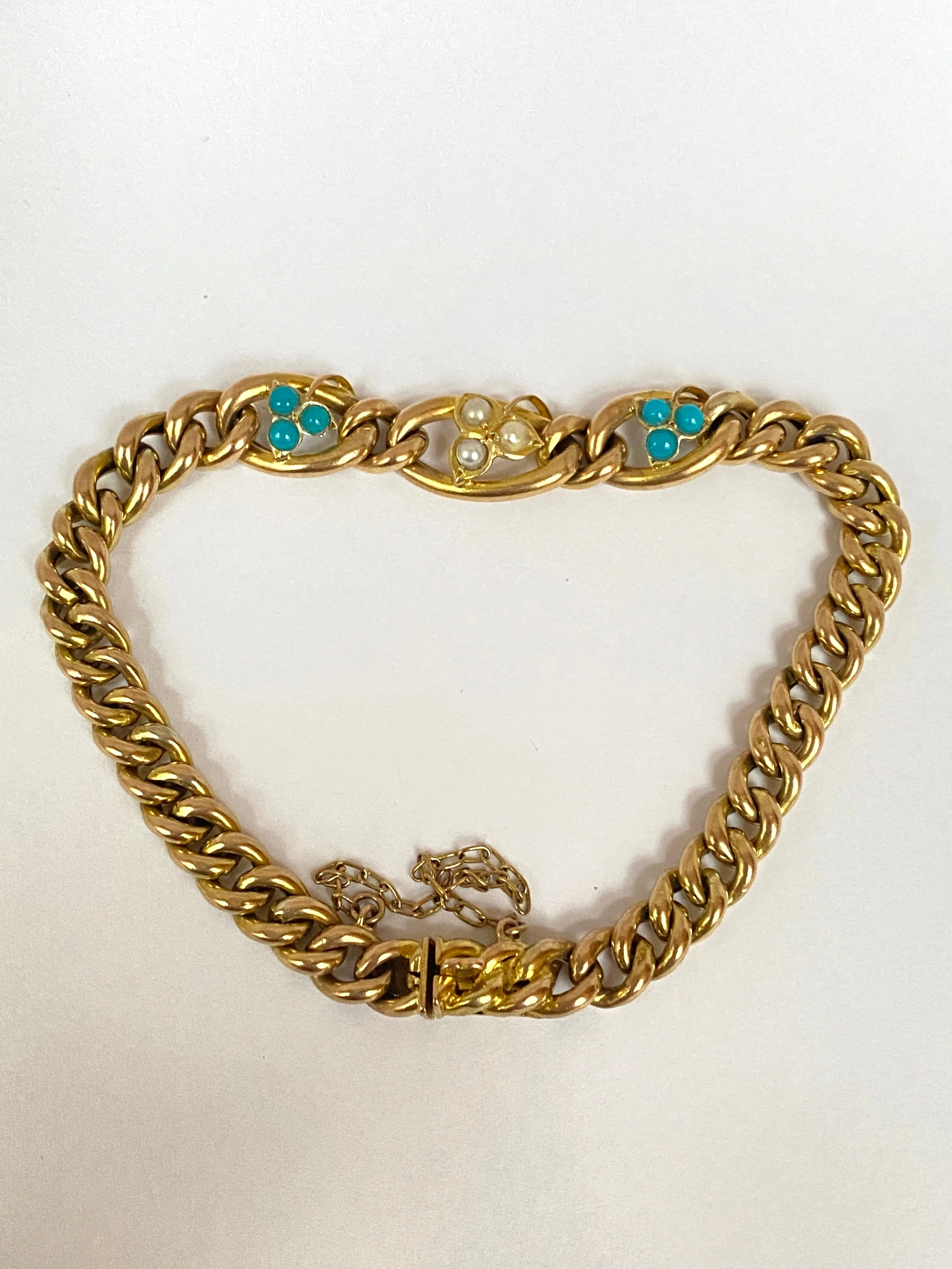 Edwardian, 9ct Gold Curb Chain Bracelet with Turquoise and Seed Pearl flowers.