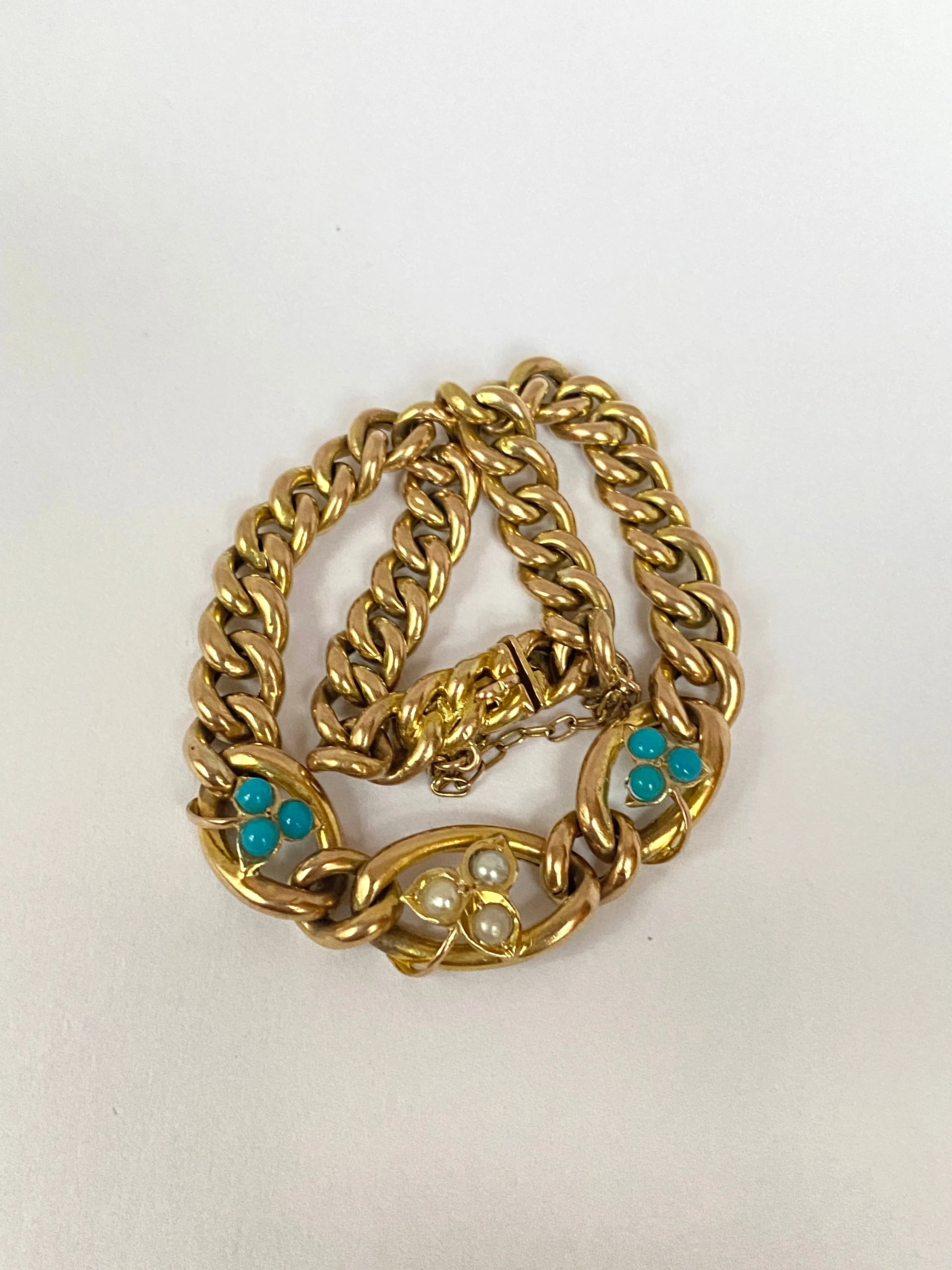 Edwardian, 9ct Gold Curb Chain Bracelet with Turquoise and Seed Pearl flowers.