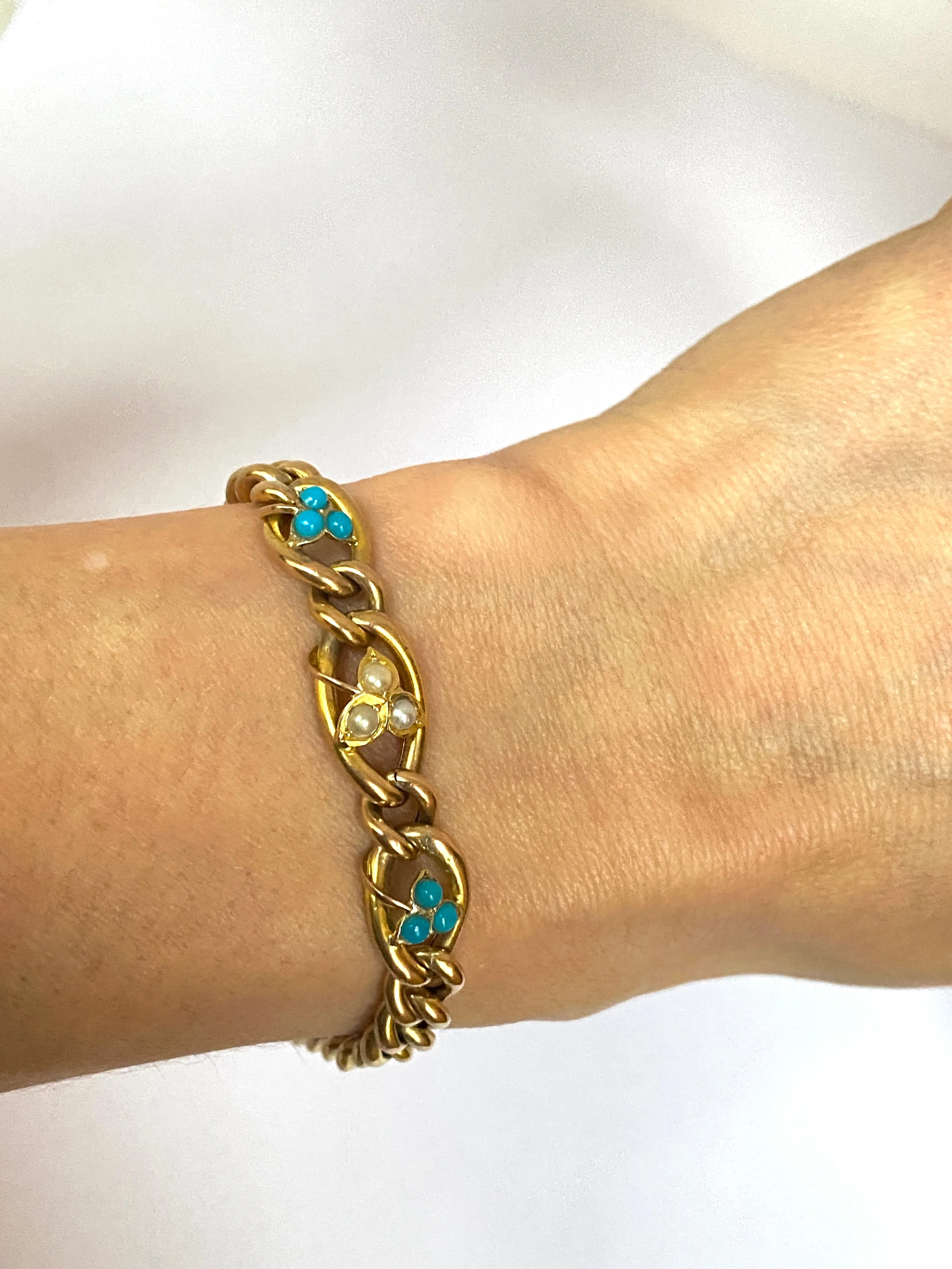 Edwardian, 9ct Gold Curb Chain Bracelet with Turquoise and Seed Pearl flowers.