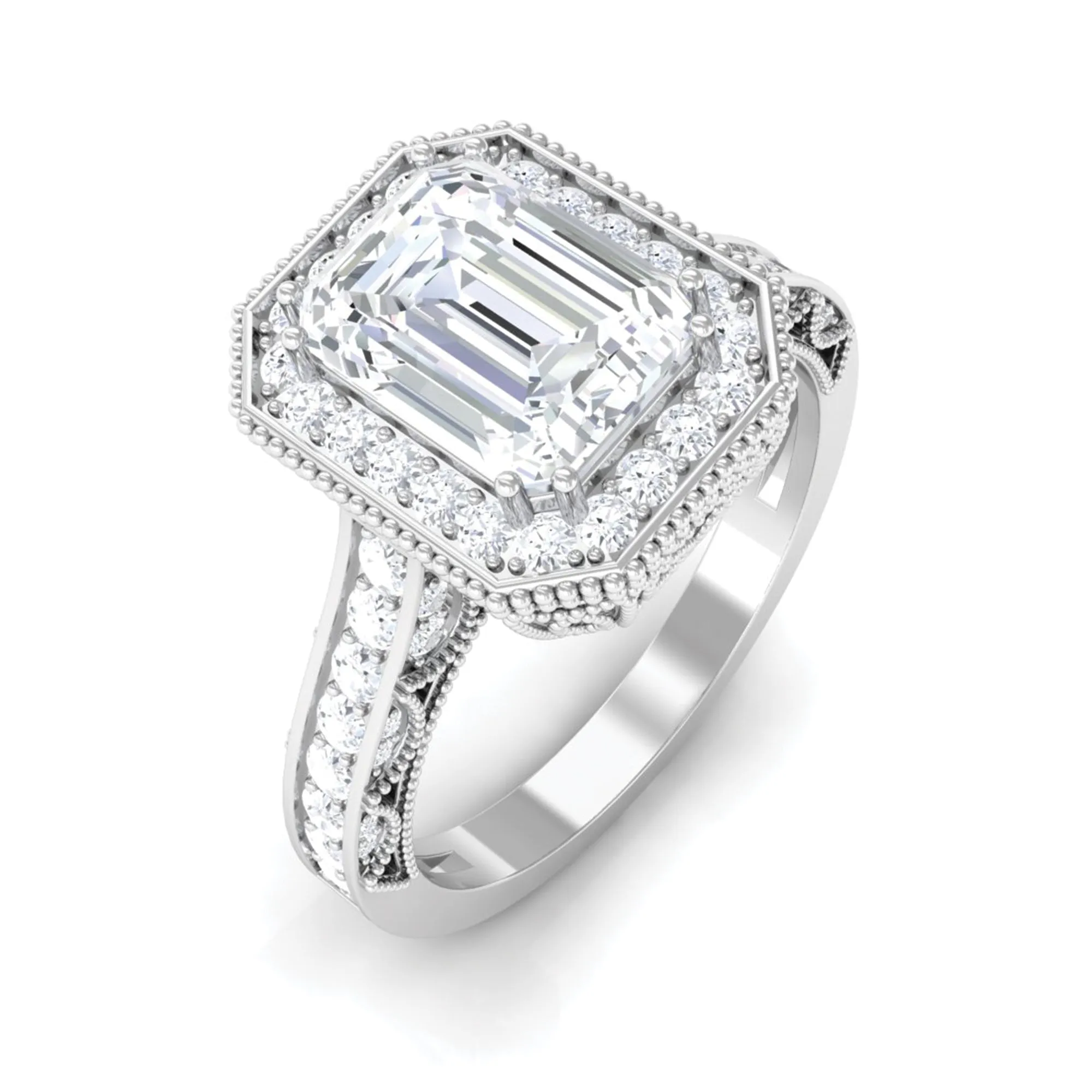 Emerald Cut Moissanite Vintage Engagement Ring