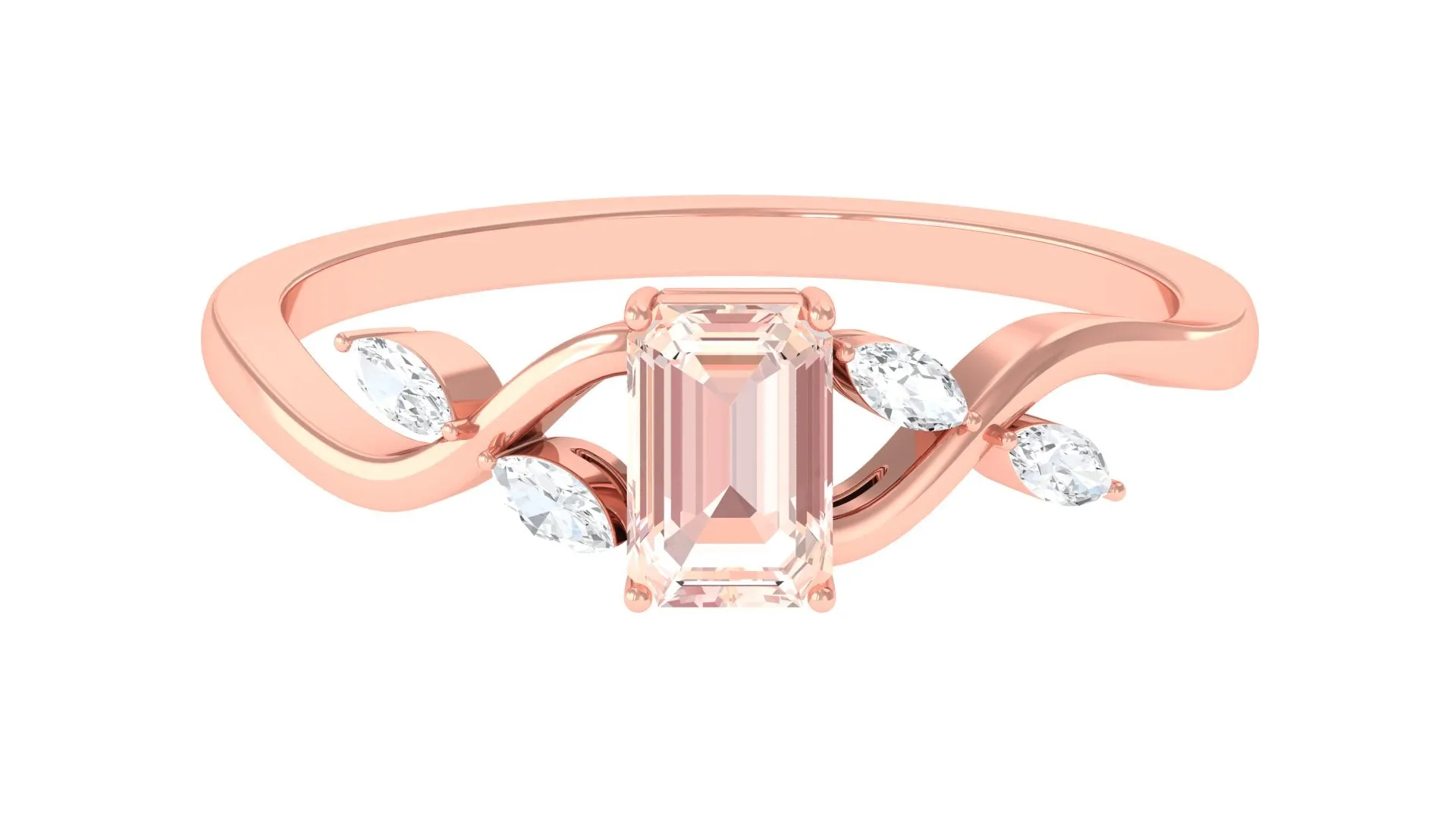 Emerald Cut Morganite and Diamond Solitaire Engagement Ring in Split Shank