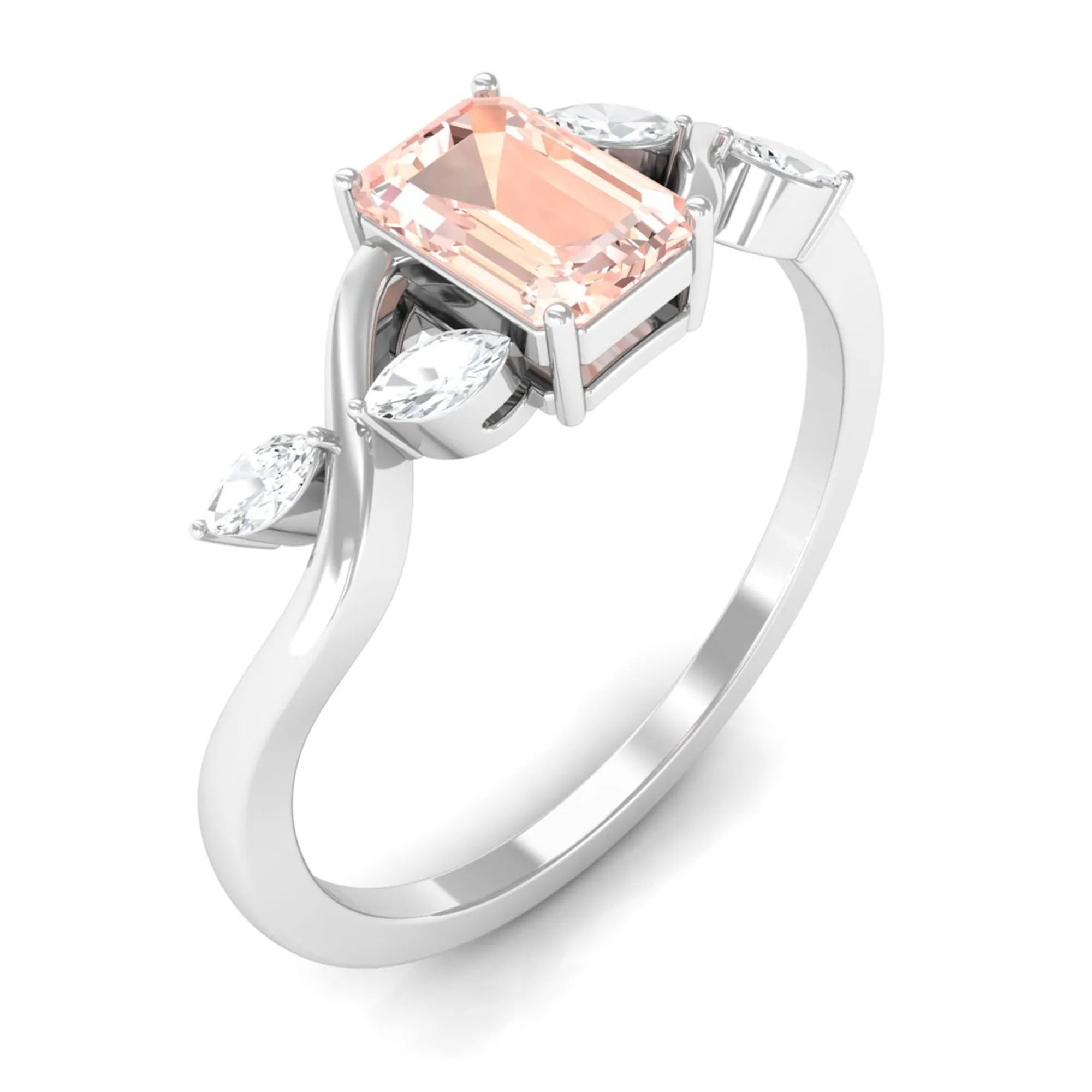 Emerald Cut Morganite and Diamond Solitaire Engagement Ring in Split Shank