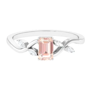 Emerald Cut Morganite and Diamond Solitaire Engagement Ring in Split Shank