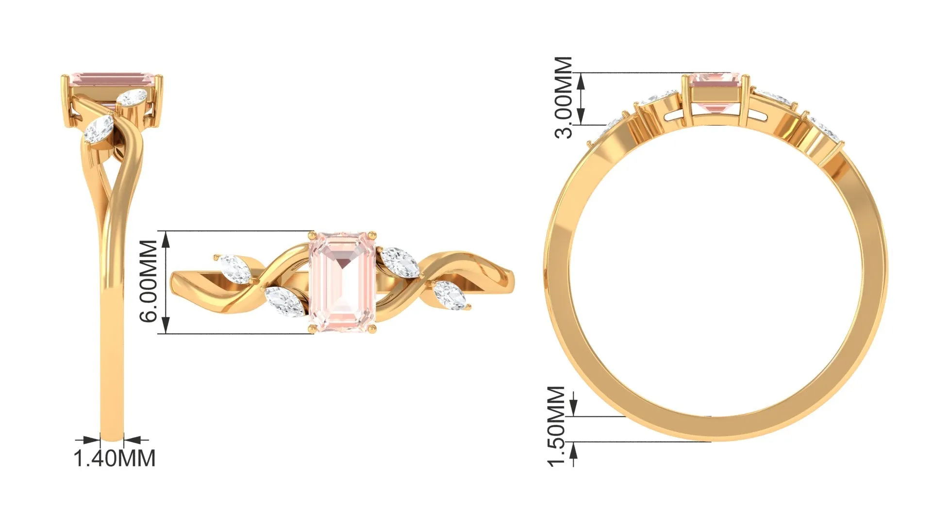 Emerald Cut Morganite and Diamond Solitaire Engagement Ring in Split Shank