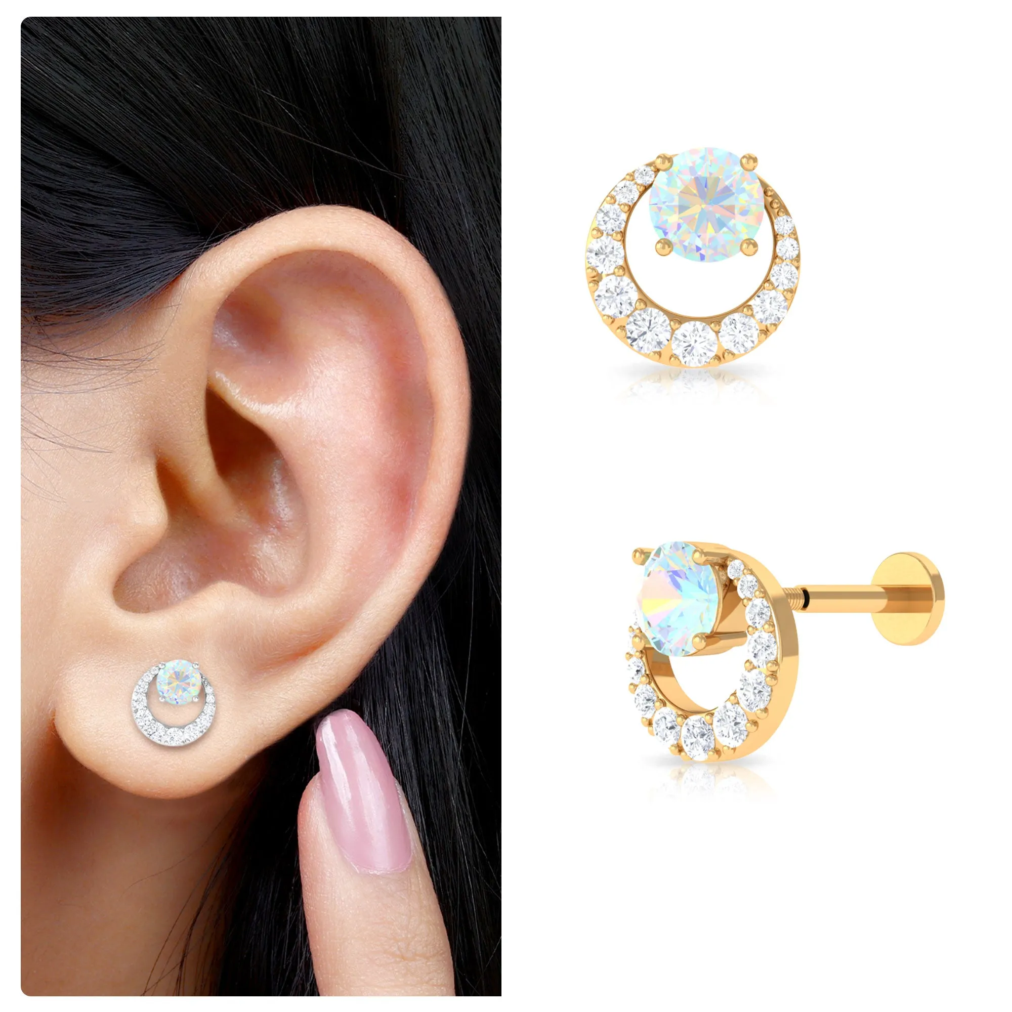 Ethiopian Opal and Moissanite 3 Stone Tragus Earring