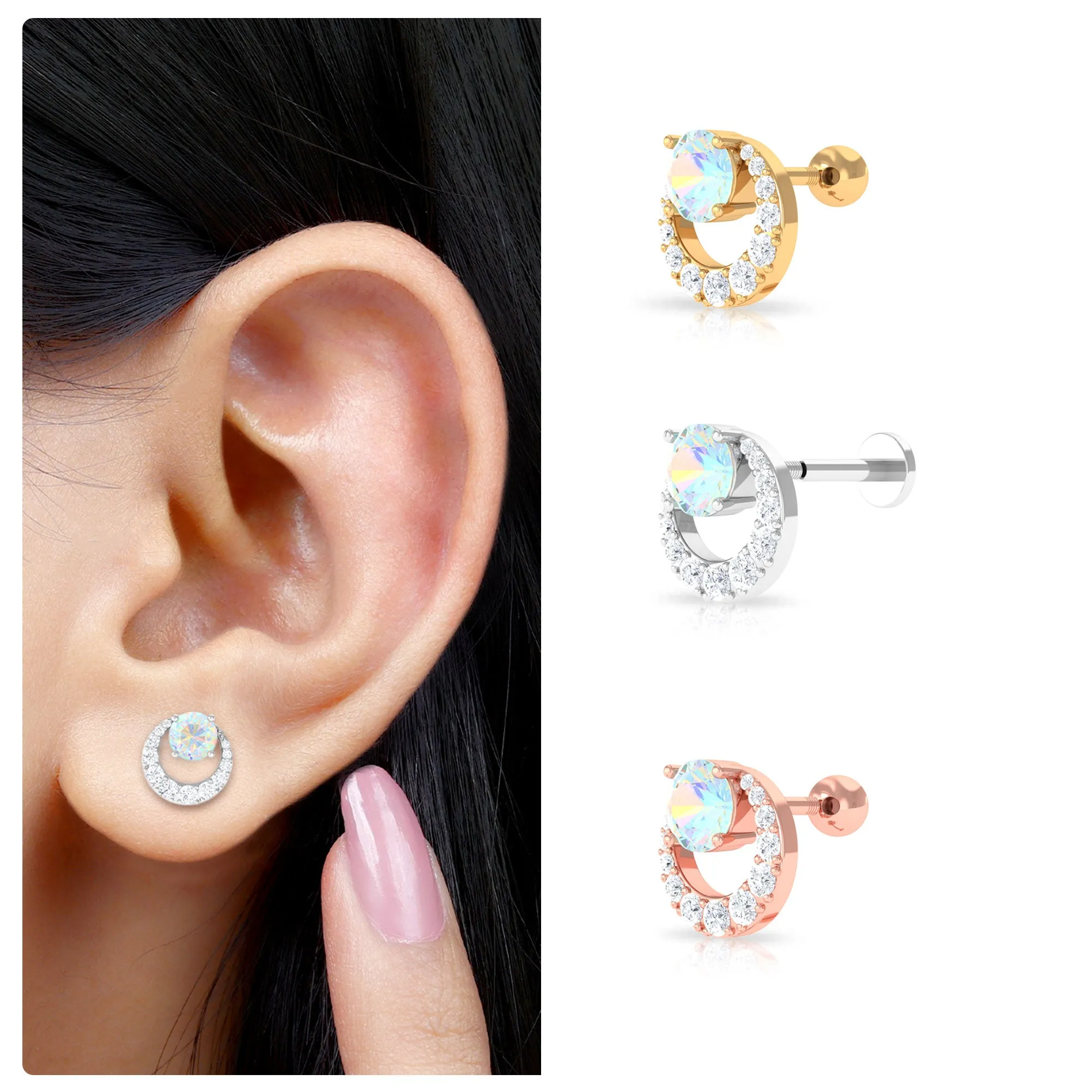 Ethiopian Opal and Moissanite 3 Stone Tragus Earring