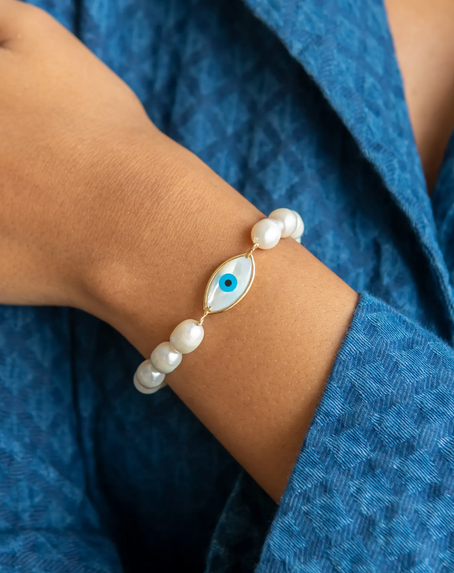 Evil Eye Beaded Pearl Bracelet