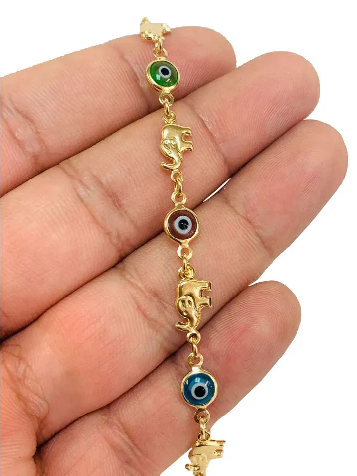 Evil Eye Women's Bracelet 14K Gold Filled / Elephant Bracelet / Evil Eye Bracelet 7.5" / Pulsera Para Mujer Mal de Ojo / Pulsera de Elefante en Oro Laminado / Evil Eye Jewelry / Animals Bracelet