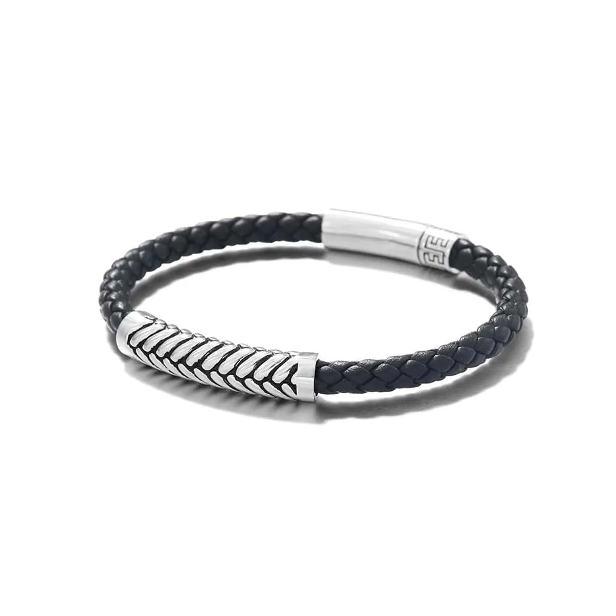 FANCIME Footmark Mens Braided Leather Sterling Silver Bracelet