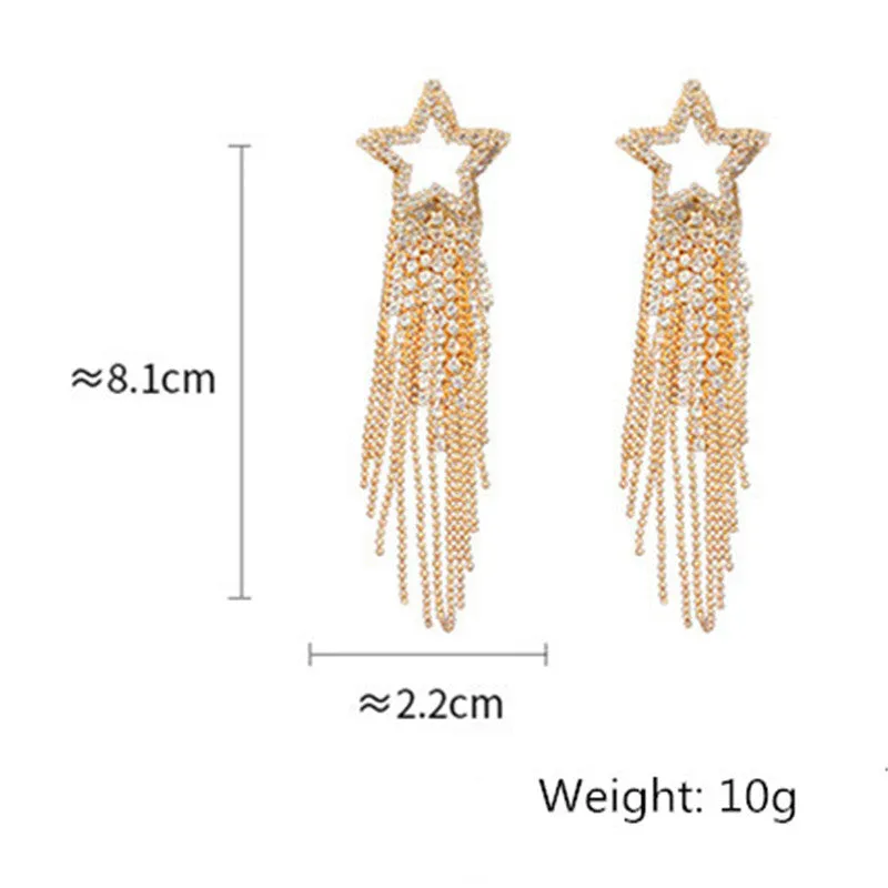 Fashion Long Tassel Crystal Earrings Shiny Gold Color Star Dangle Earrings