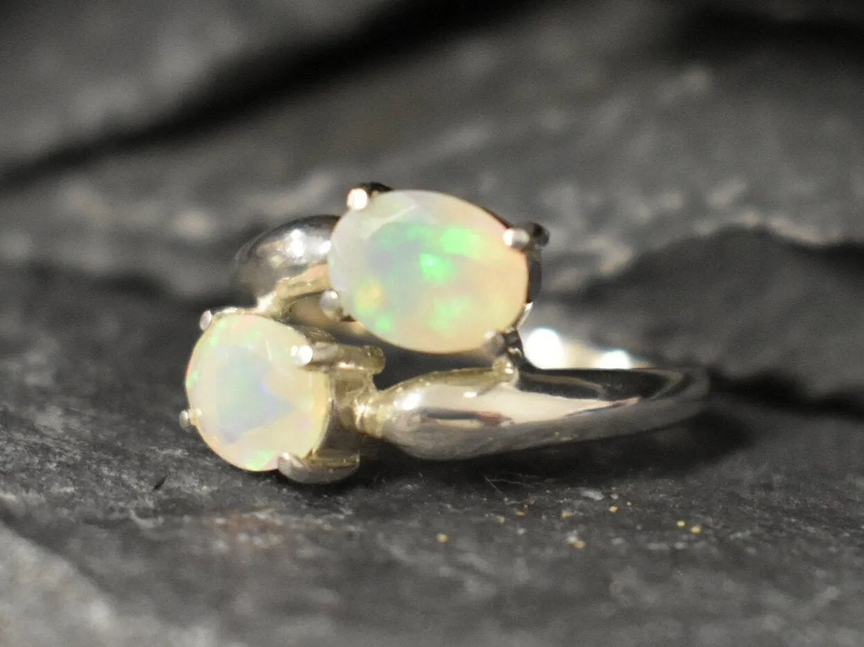 Fire Opal Ring - Two Stone Ring - Bypass Opal Ring