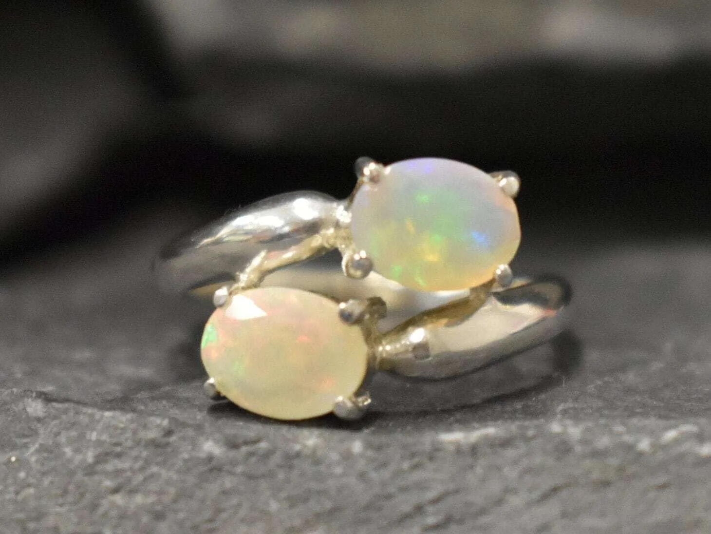 Fire Opal Ring - Two Stone Ring - Bypass Opal Ring