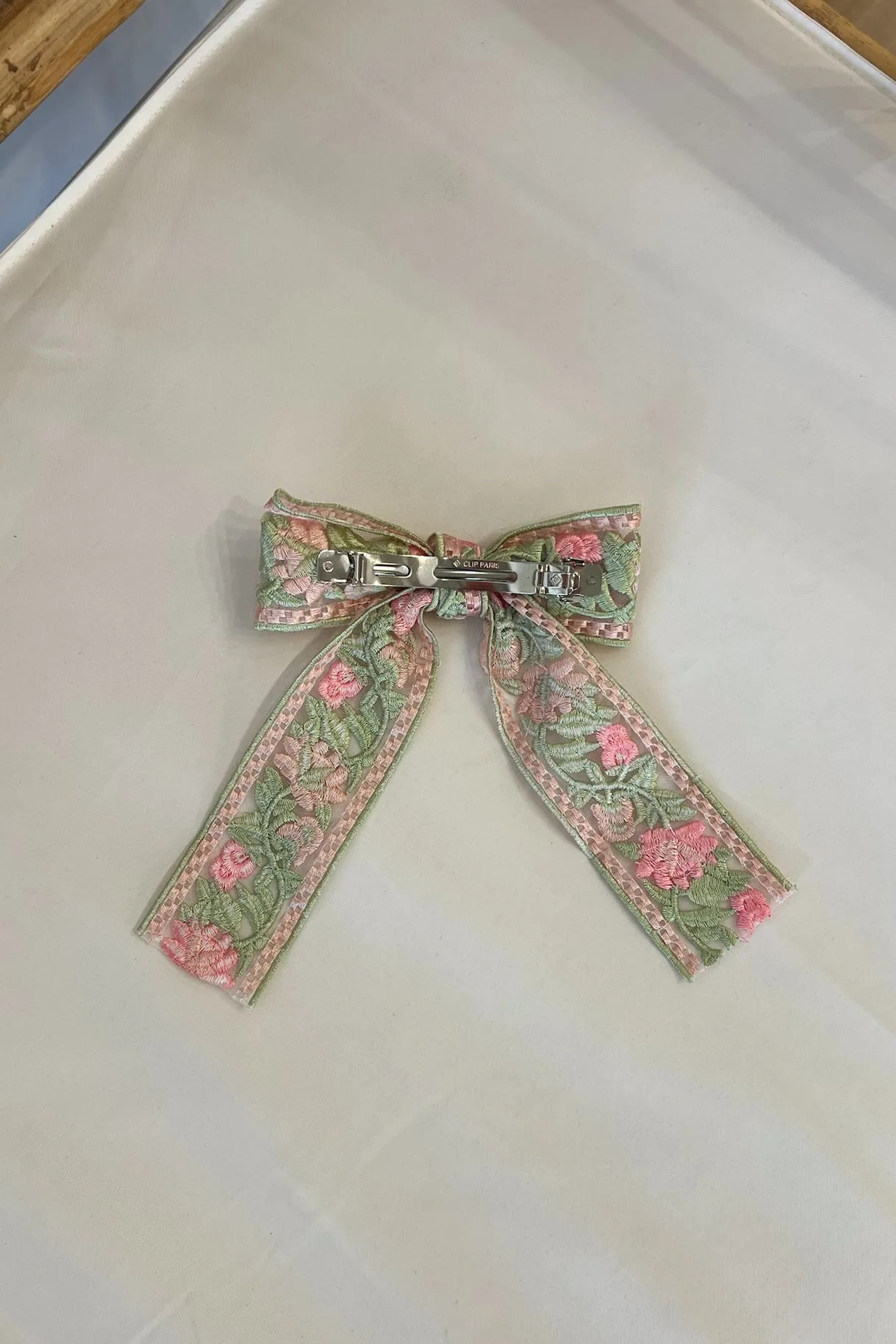 Floral Embroidered Bow Clip