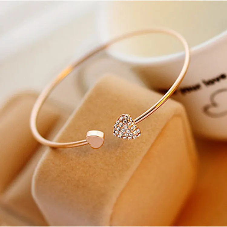 Full Diamond Heart-Shaped simple and elegant Open Love Bracelet  for women