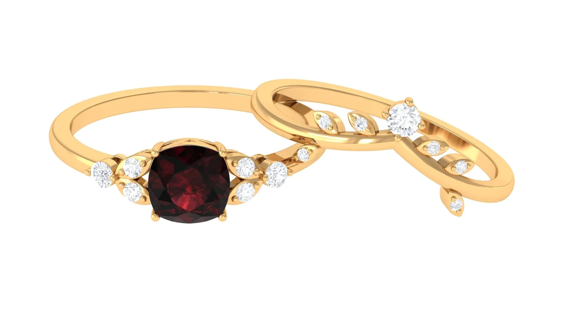 Garnet and Diamond Ring Set with Leaf Motif