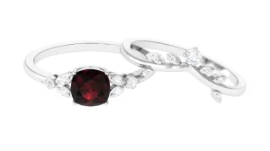 Garnet and Diamond Ring Set with Leaf Motif