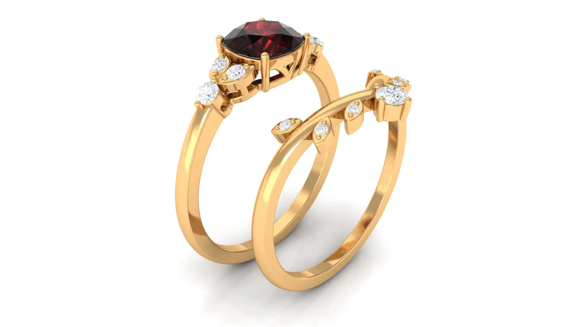 Garnet and Diamond Ring Set with Leaf Motif