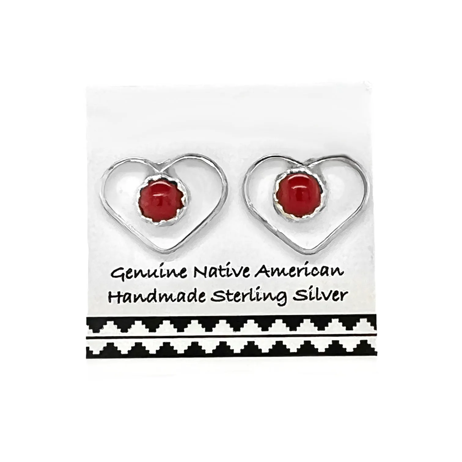 Genuine Coral Heart Stud Earrings, 925 Sterling Silver, Authentic Native American Handmade in New Mexico, Red, Nickel Free