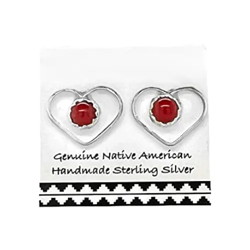 Genuine Coral Heart Stud Earrings, 925 Sterling Silver, Authentic Native American Handmade in New Mexico, Red, Nickel Free