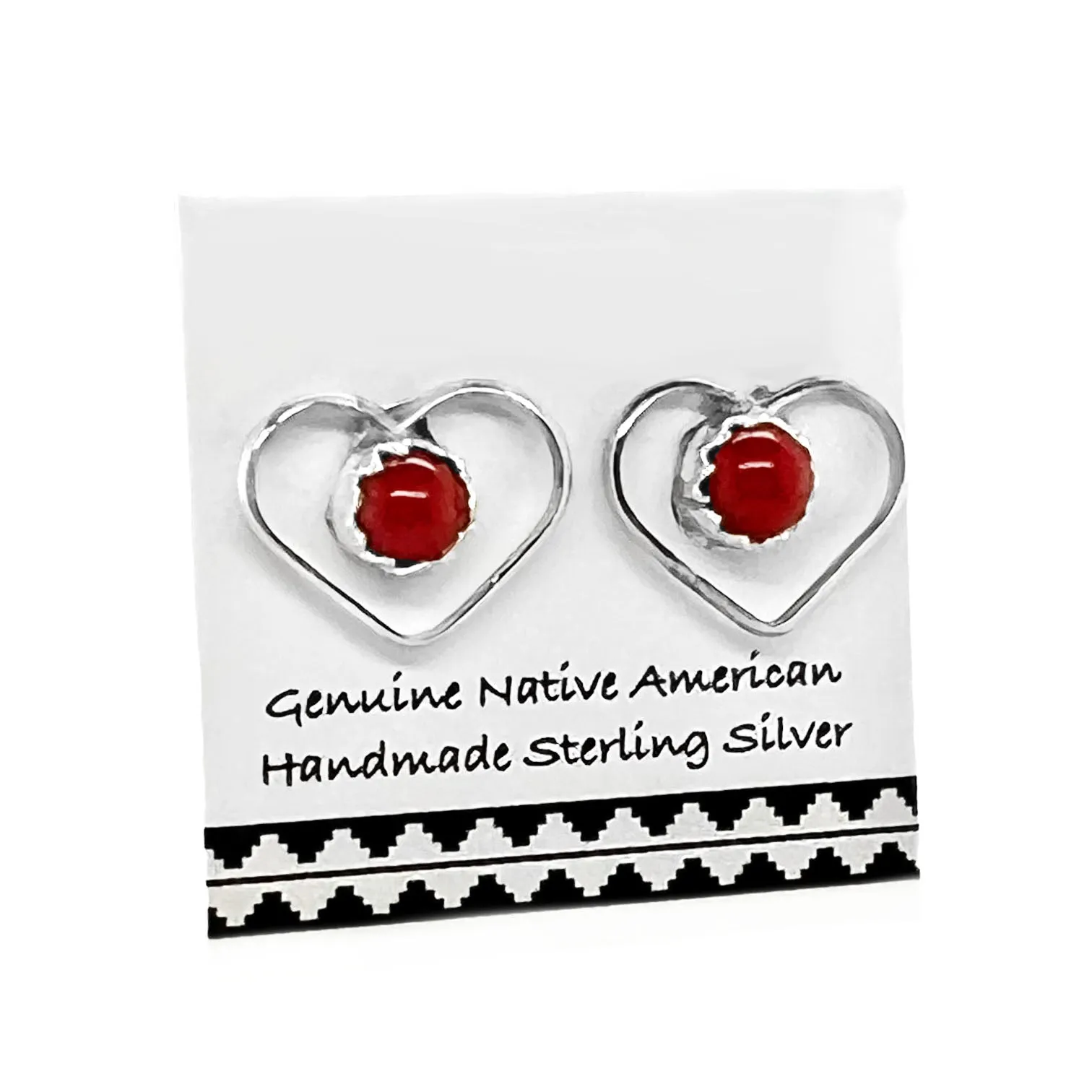 Genuine Coral Heart Stud Earrings, 925 Sterling Silver, Authentic Native American Handmade in New Mexico, Red, Nickel Free