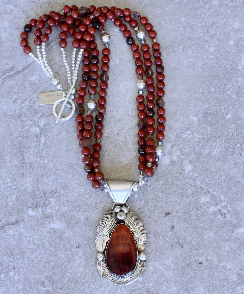 Gilbert Adakai Spiny Oyster Shell and Sterling Silver Pendant with 3 Strands of Red Agate Rounds, Red Tiger Eye Faceted Rounds, Czech Glass and Sterling Silver