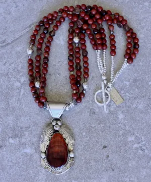 Gilbert Adakai Spiny Oyster Shell and Sterling Silver Pendant with 3 Strands of Red Agate Rounds, Red Tiger Eye Faceted Rounds, Czech Glass and Sterling Silver