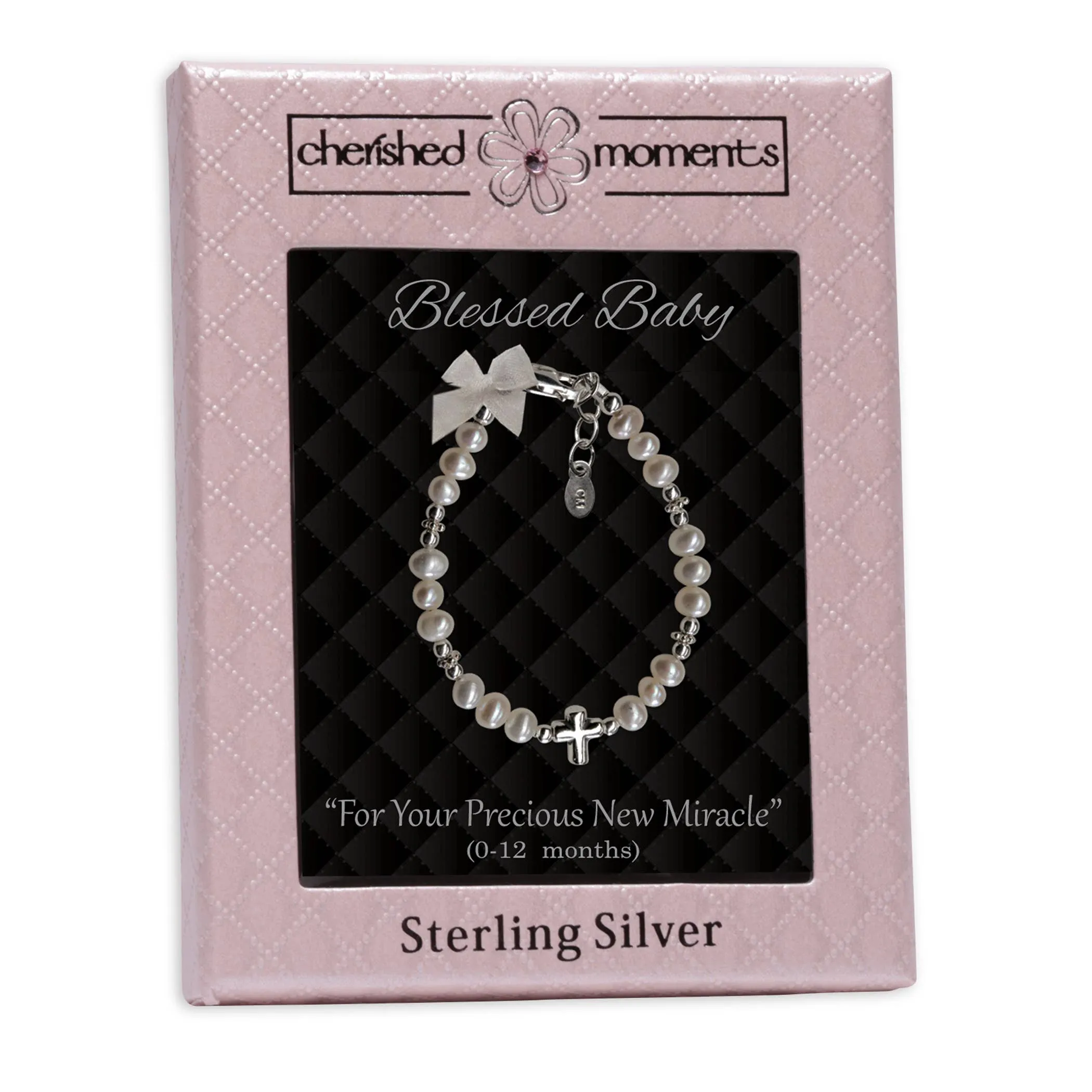 Girls Sterling Silver Pearl Cross Baby Bracelet Baptism Gift 0-12 months adjustable