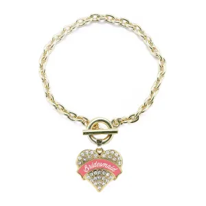 Gold Coral Bridesmaid Pave Heart Charm Toggle Bracelet