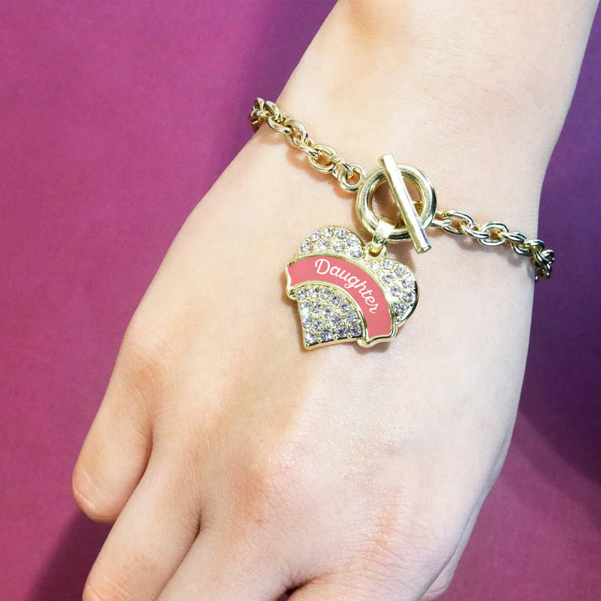 Gold Coral Daughter Pave Heart Charm Toggle Bracelet