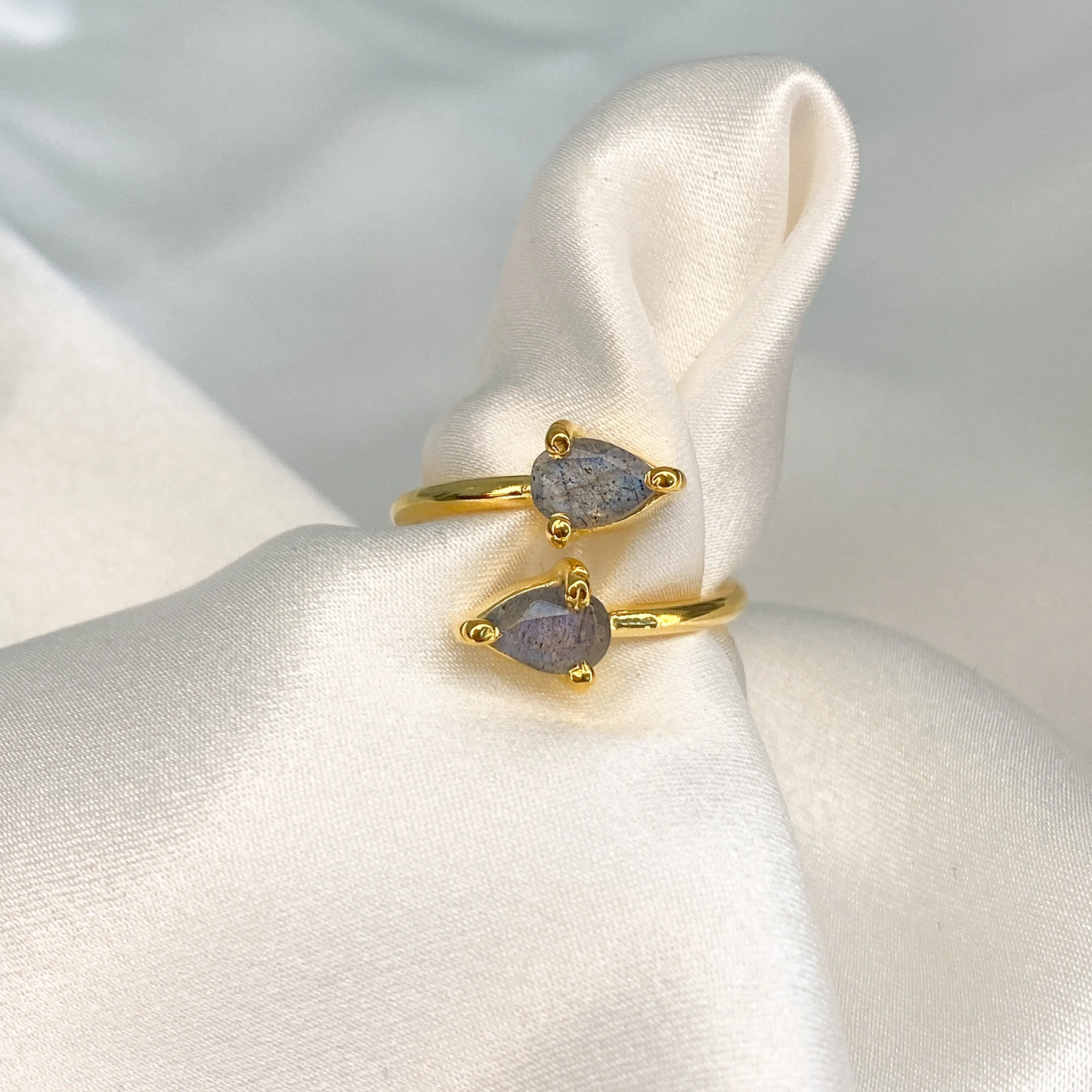 Gold Labradorite Gemstone Pear drop Ring