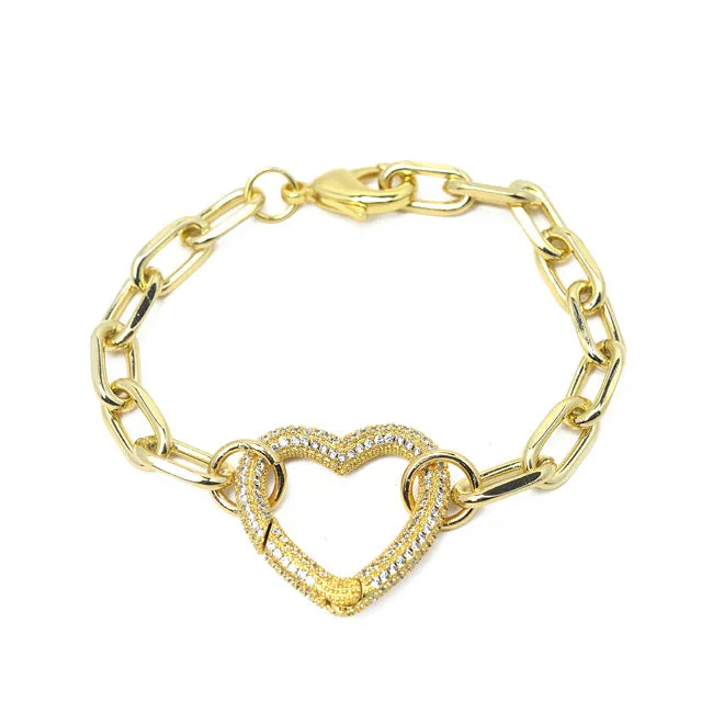 Gold Linked Chain Bracelet with CZ Heart Station