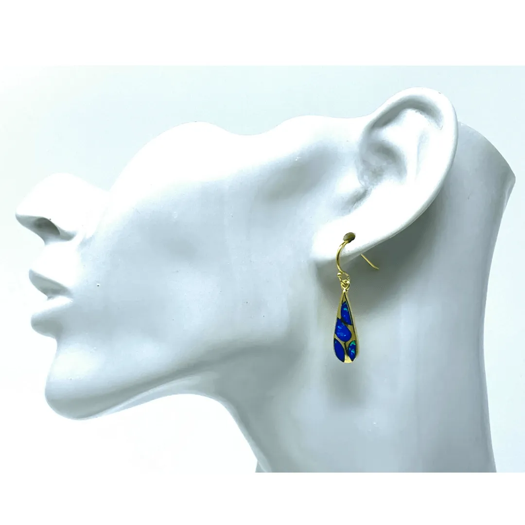 Gold Mosaic Teardrop Blue Opal Dangle Earrings