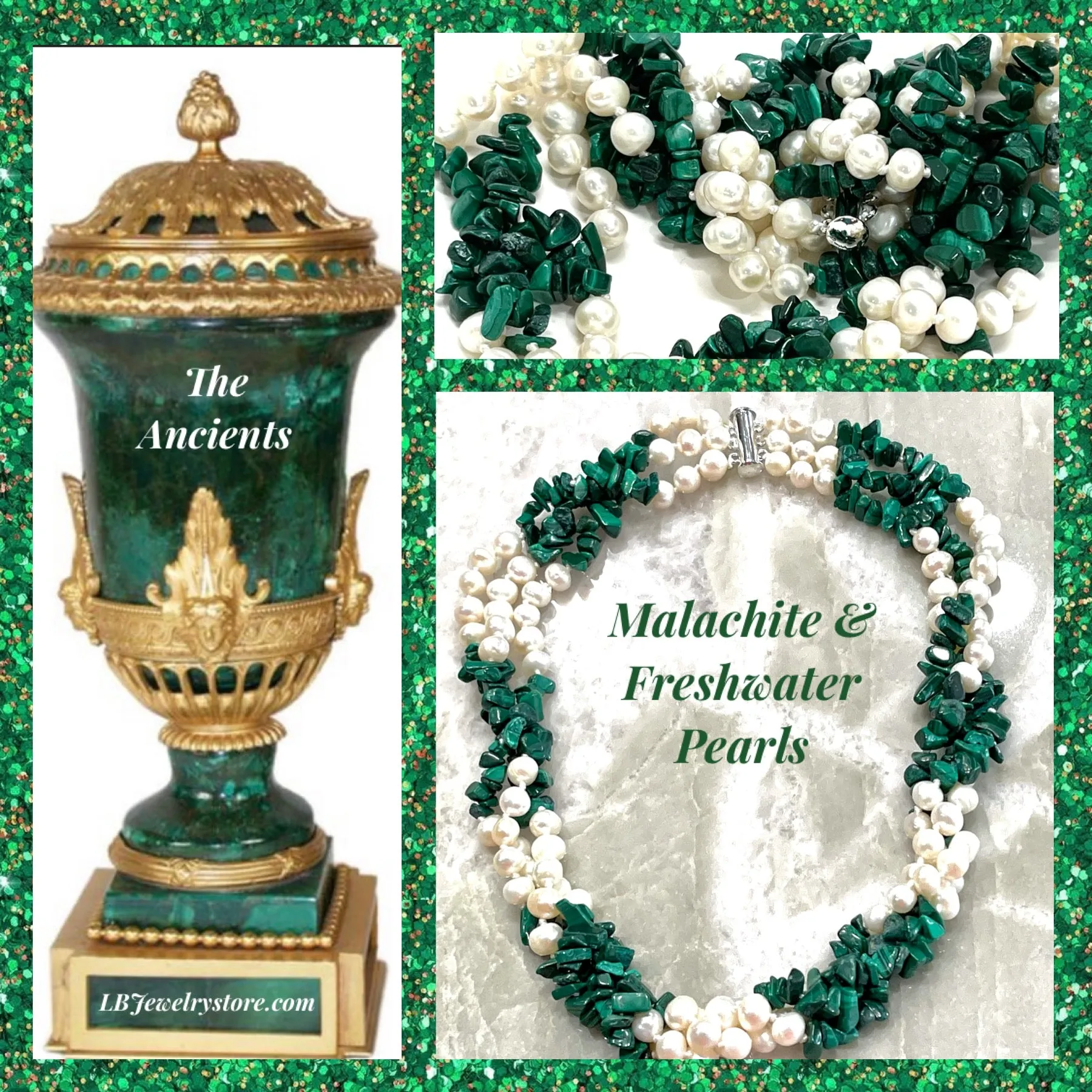 Green Malachite and Freshwater Pearls Triple-Stand Statement Necklace 18"