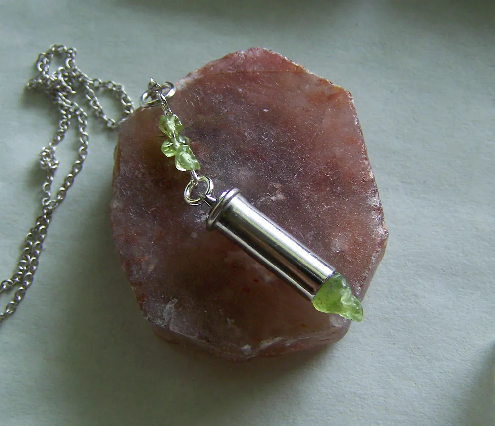 Green Peridot Gemstone Silver Bullet Jewelry Pendant Necklace