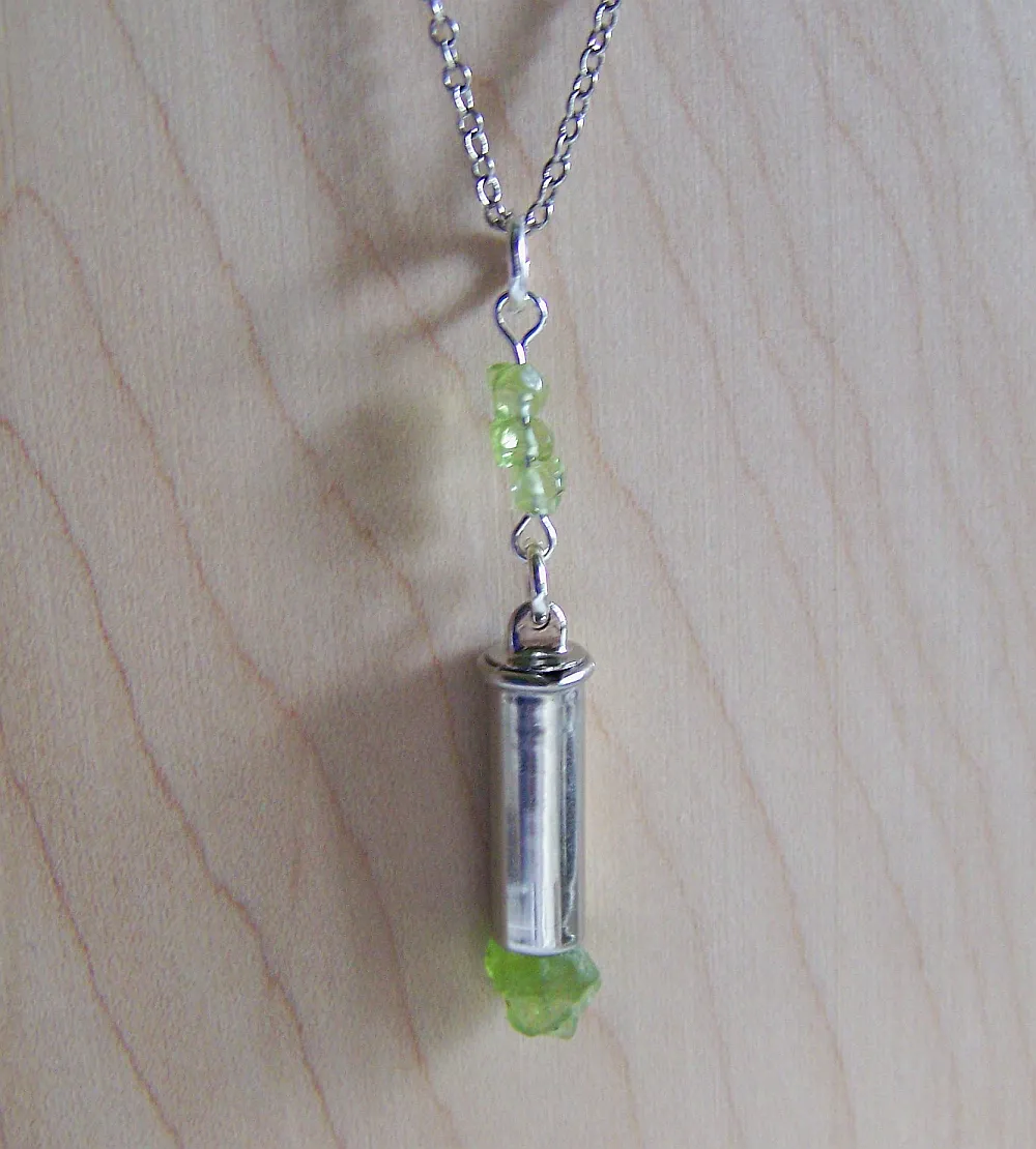 Green Peridot Gemstone Silver Bullet Jewelry Pendant Necklace