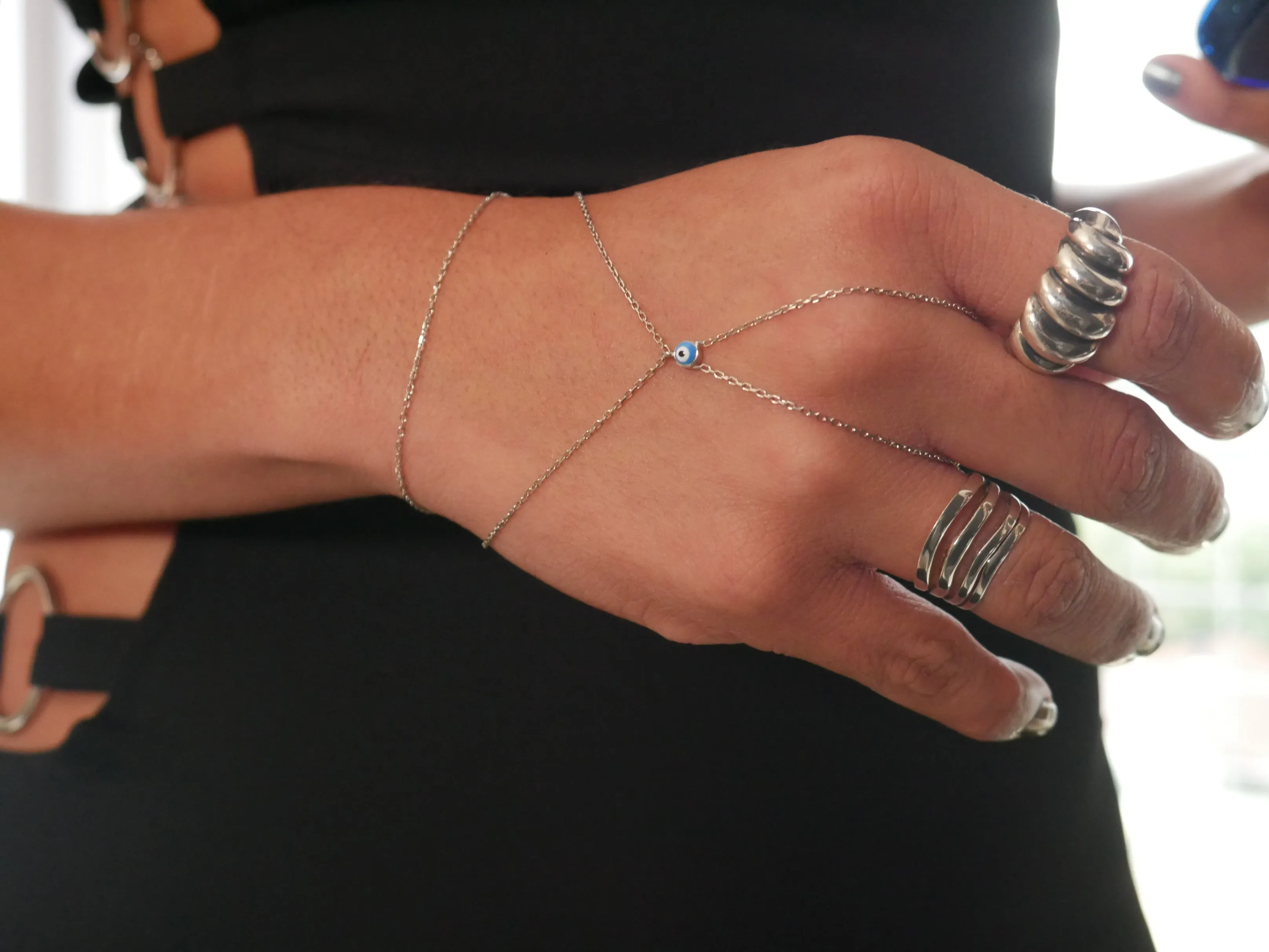 Hand Chain Bracelet Ring 925 Sterling Silver Luxury Hand Chain Bracelet with Evil Eye Design