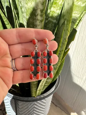 Handmade Sterling Silver & Coral Post Dangle Earrings Signed Nizhoni