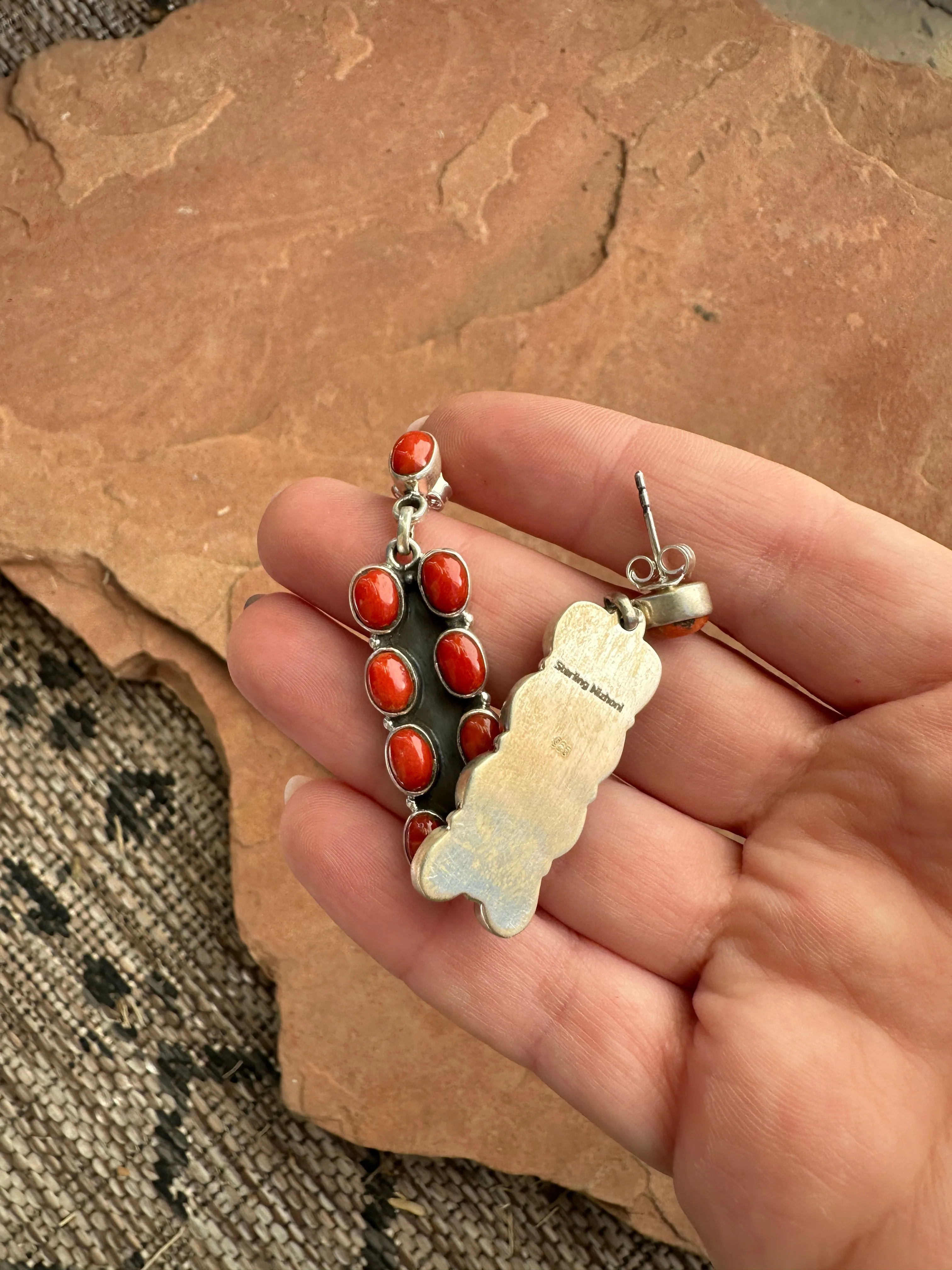 Handmade Sterling Silver & Coral Post Dangle Earrings Signed Nizhoni