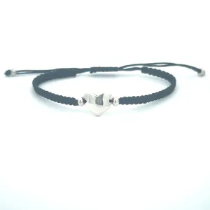 Heart Braided Black Bracelet, Sterling Silver