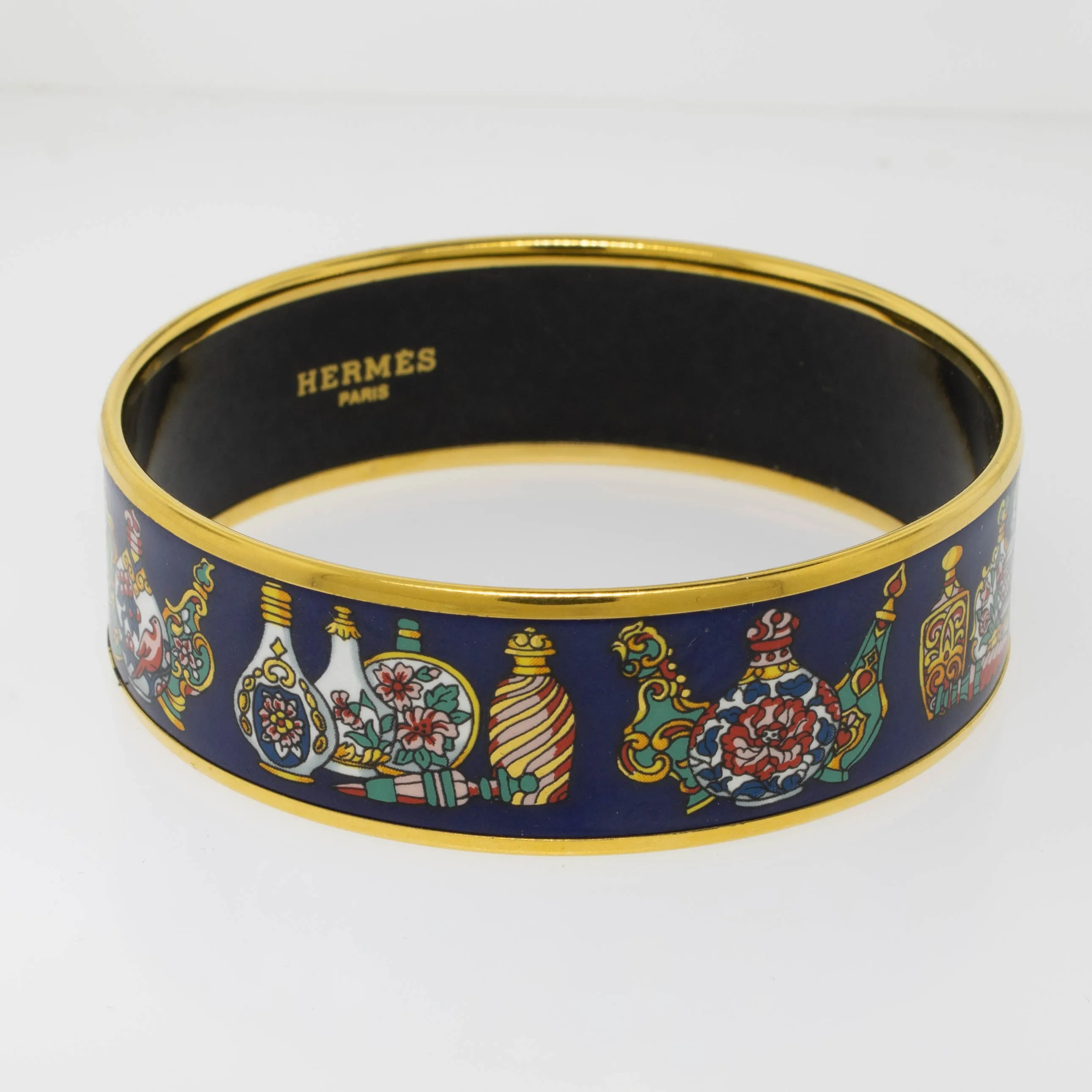 Hermes 7.5" Enamel Bangle Bracelet Gold-Plated Perfume Bottles Preowned Jewelry