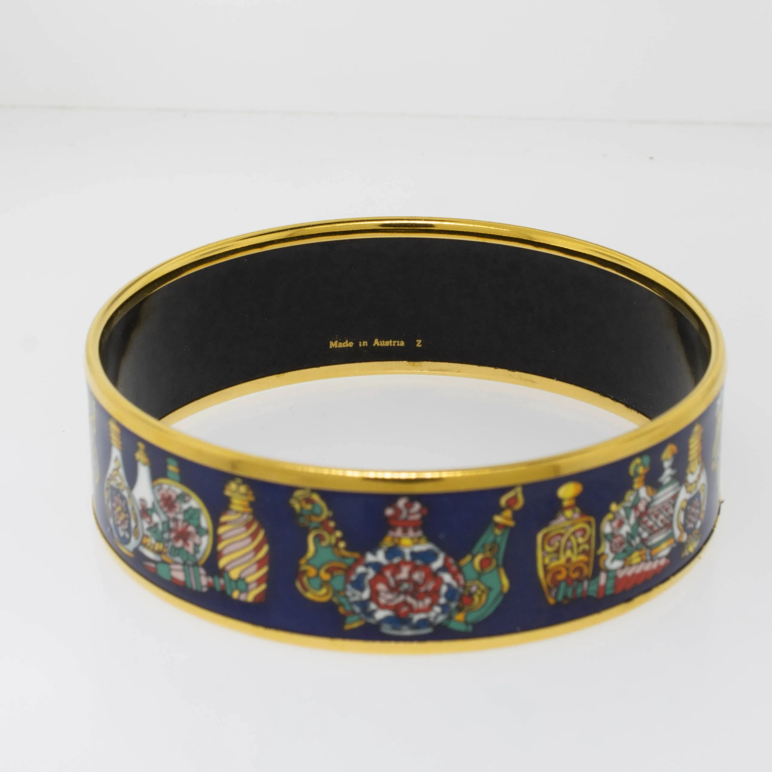 Hermes 7.5" Enamel Bangle Bracelet Gold-Plated Perfume Bottles Preowned Jewelry